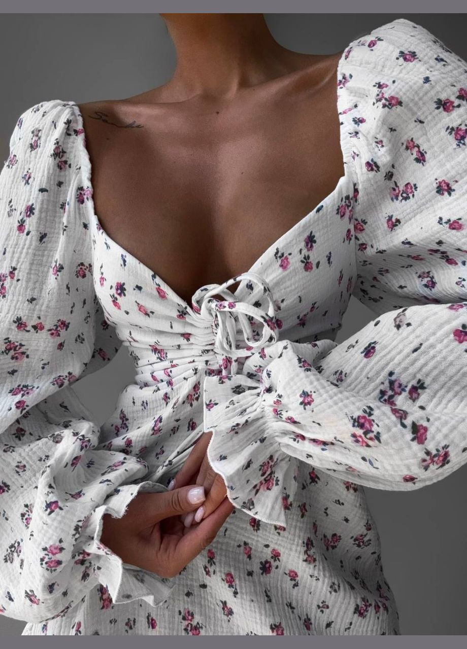 Белое повседневный, кэжуал женское белое платье No Brand с цветочным принтом