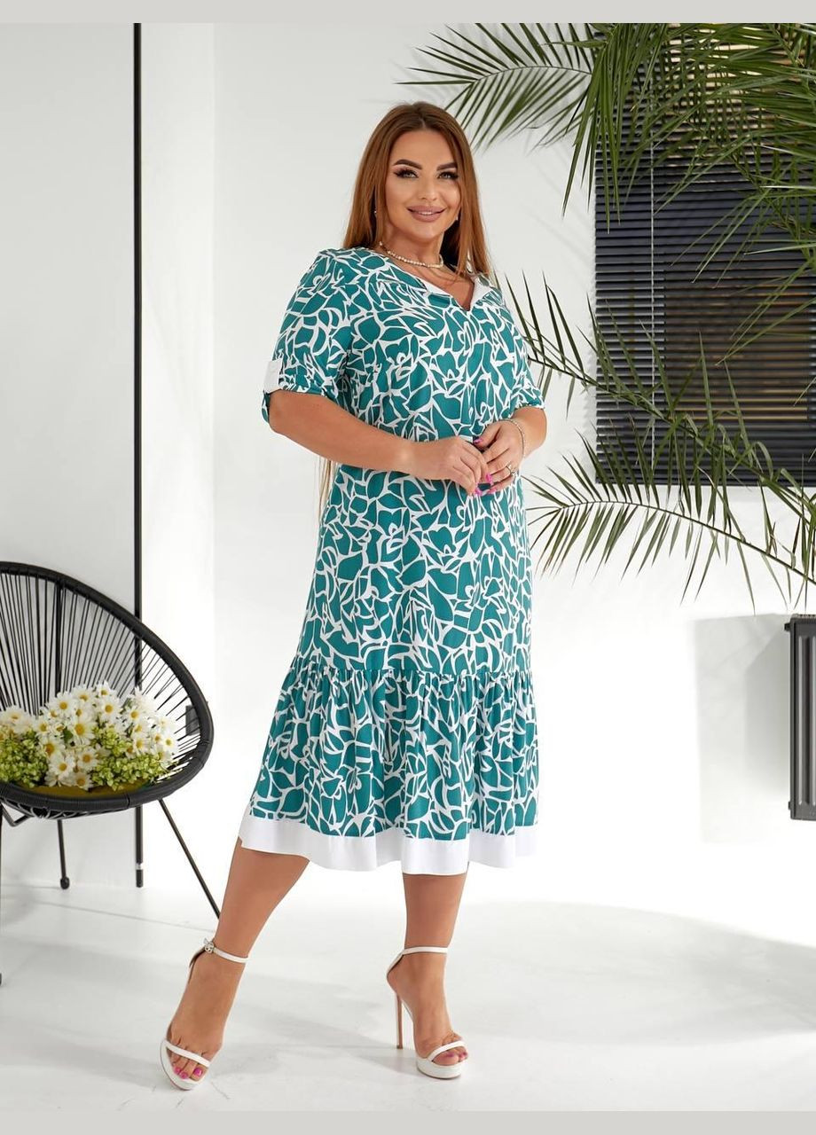 Зеленое платье женское леди совершенство летнее 275 зеленый, 62-64 Sofia с рисунком