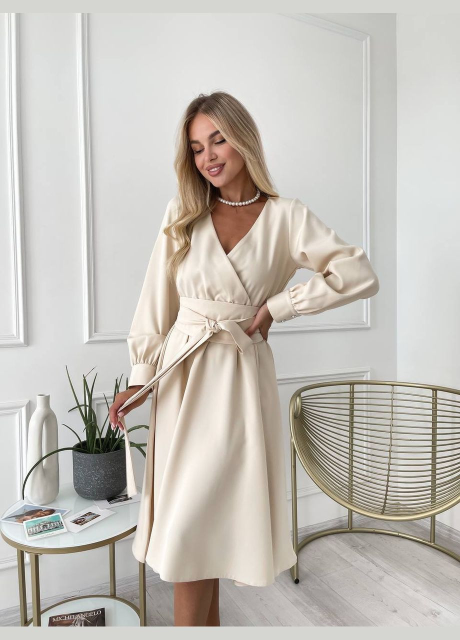 Бежева сукня міді з поясом, світло-бежевого кольору 24223 Fashion