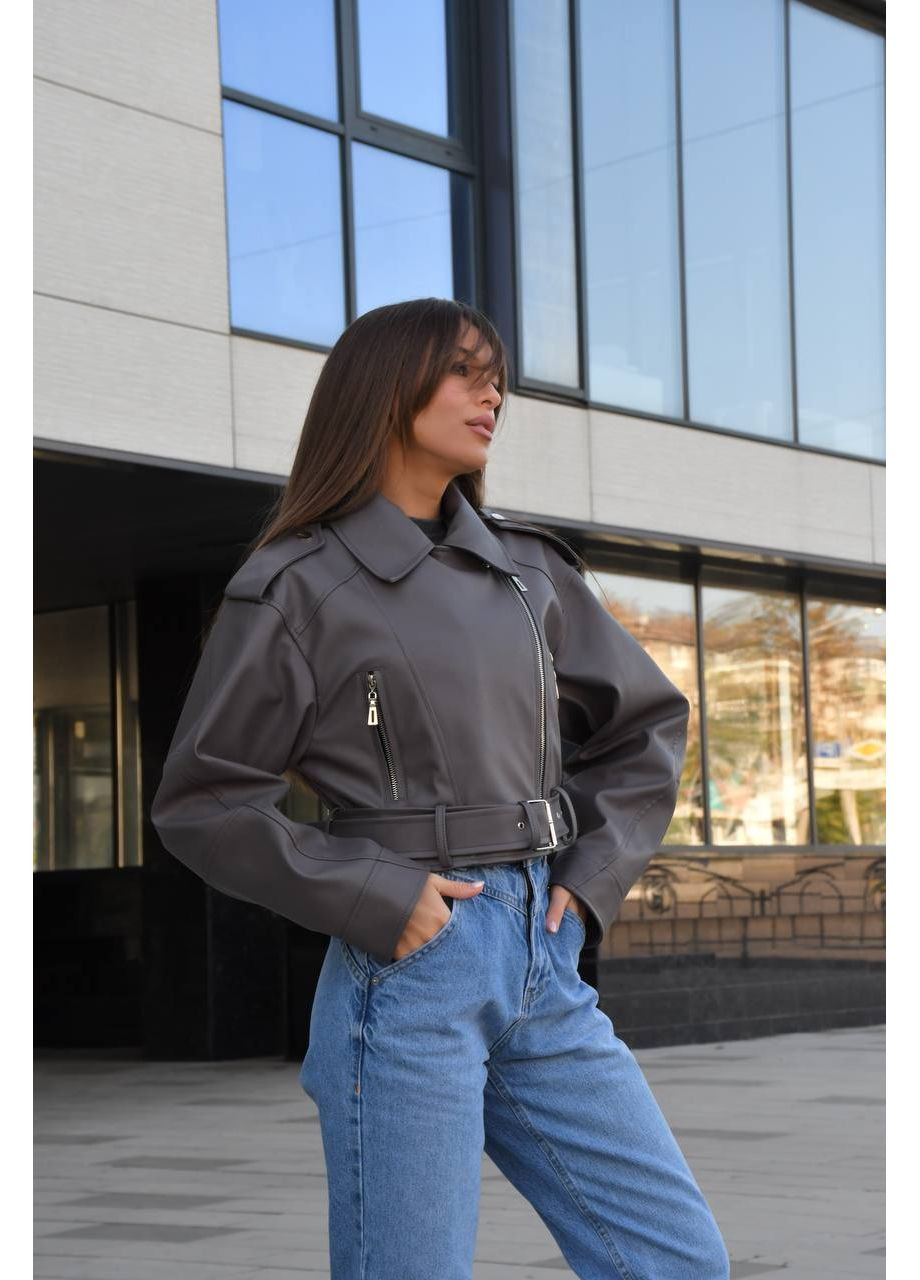 Графітова демісезонна куртка-косуха жіноча укорочена з екошкіри косуха MonCher