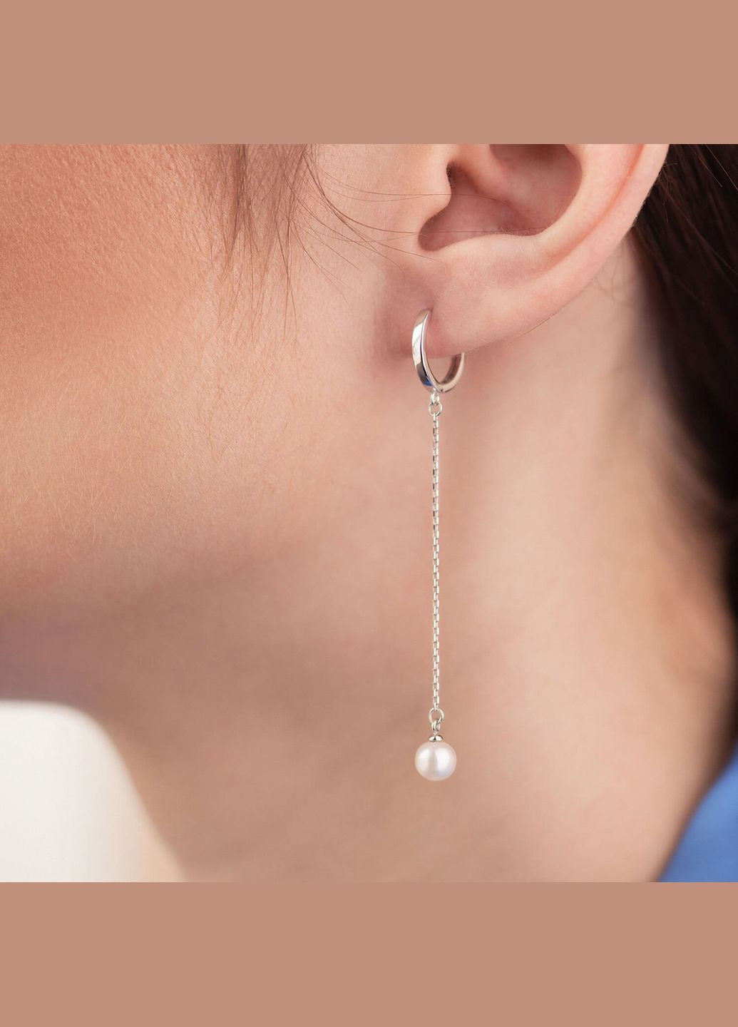 Сережки - кільця Перлина на ланцюжку у білому золоті с08357 Oniks (264644435)