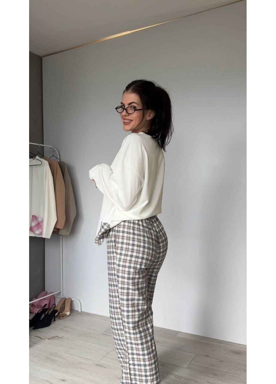 Женский домашний костюм в клетку из хлопка бежевого цвета 35956 No Brand (368969335)