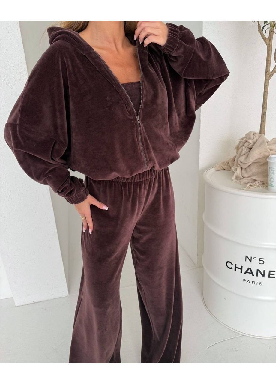Женский велюровый костюм тройка: кофта на молнии, бандо, брюки-палаццо. MonCher (366439859)