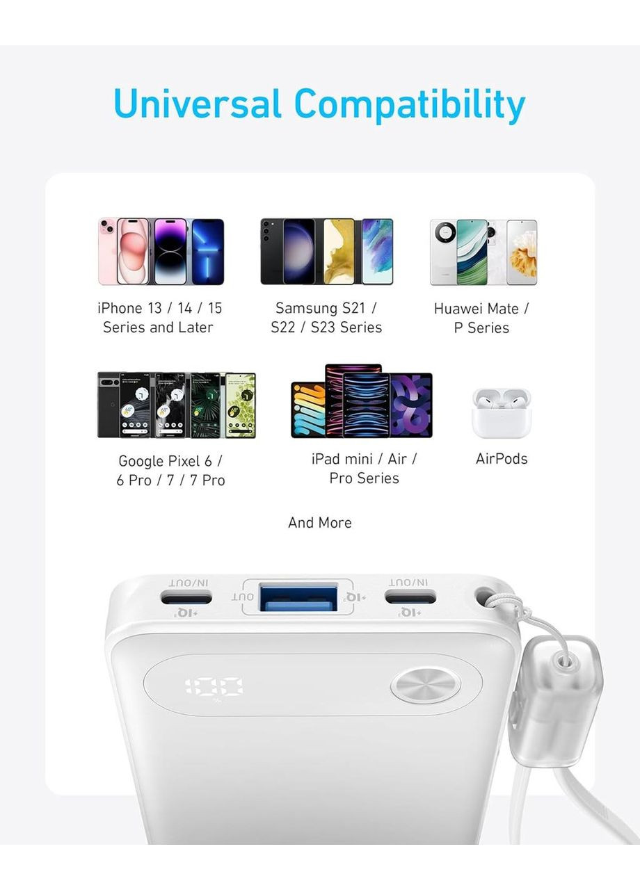 Портативный павербанк Power Bank A1257 10000 mAh 22,5W USB-A USB-C Black со встроенным кабелем USB-C и шнурком Anker (364462149)