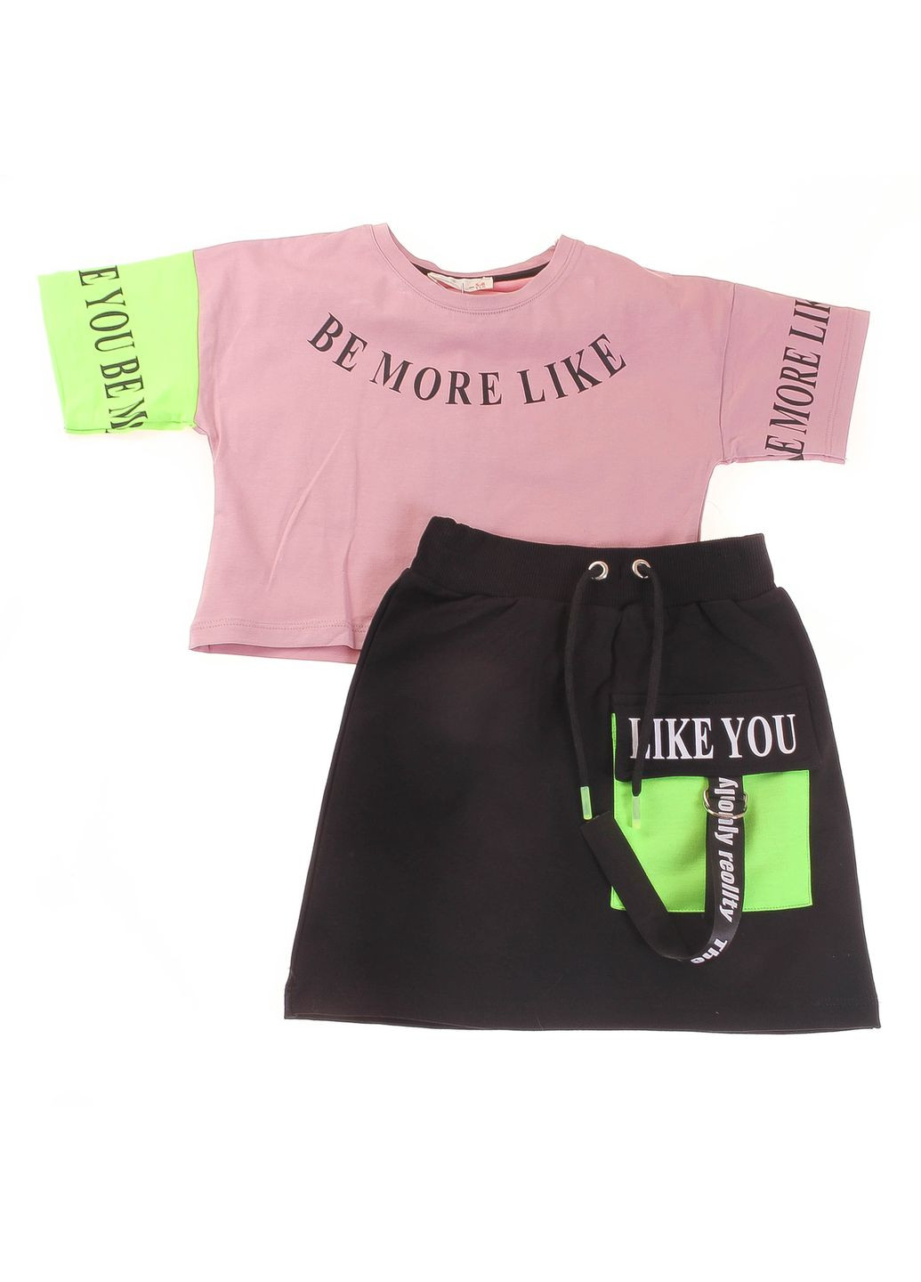 Рожевий літній футболка + спідниця 5054 пудровий і чорний Smile