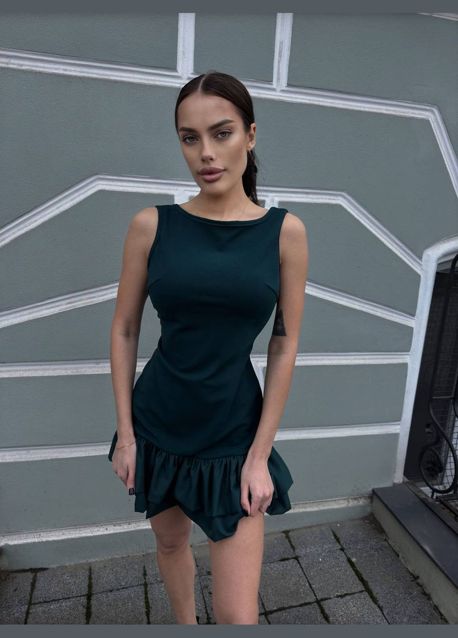 Темно-зеленое коктейльное платье-шорты с воланами MonCher