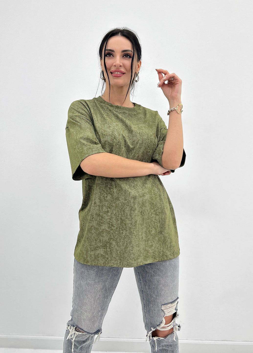 Хакі (оливкова) базова футболка тай-дай з коротким рукавом Fashion Girl Simple