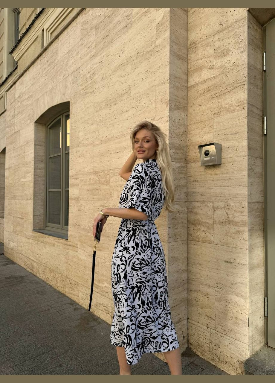 Черно-белое красивое летнее платье-макси в принте из качественного софта, нежное черное платье на пуговицах,пояс гибкая резинка No Brand