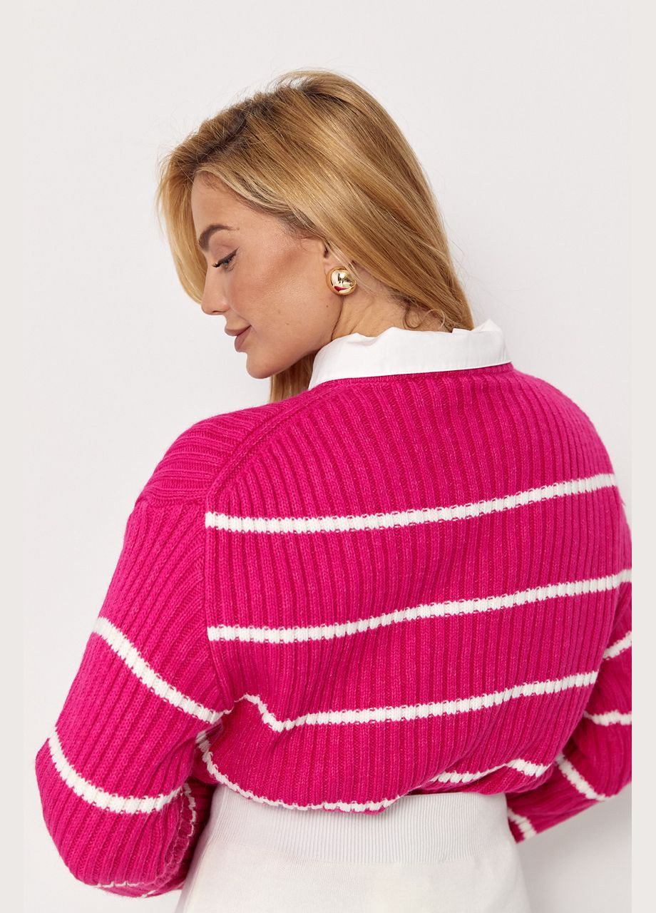 Фуксиновый зимний вязаный женский свитер в полоску Lurex