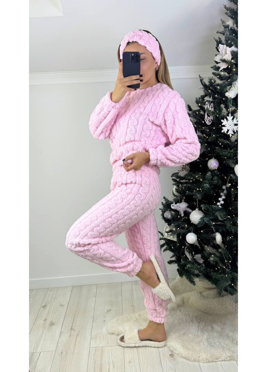 Розовая женская махровая пижама тройка Osoblyva