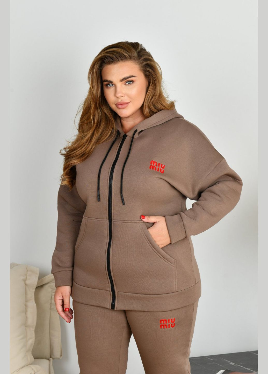 Теплый спортивный флисовый костюм больших размеров светло-коричневый You Best (303813939)