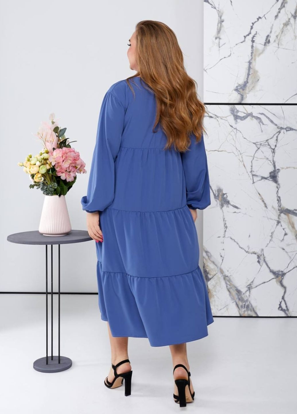 Синя повсякденний вільна жіноча сукня з довгим рукавом No Brand однотонна