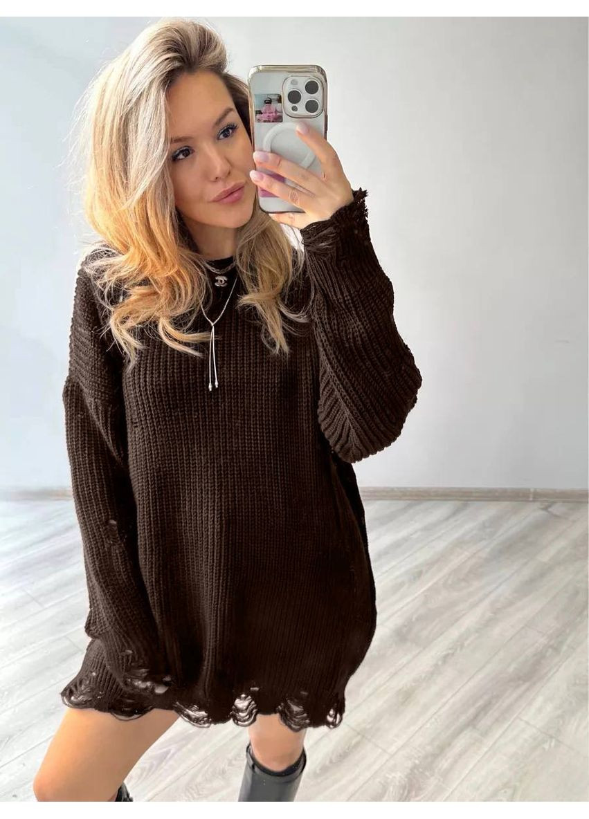 Коричневое праздничный, повседневный, кэжуал женское платье вязаное платье-свитер Style Point однотонное