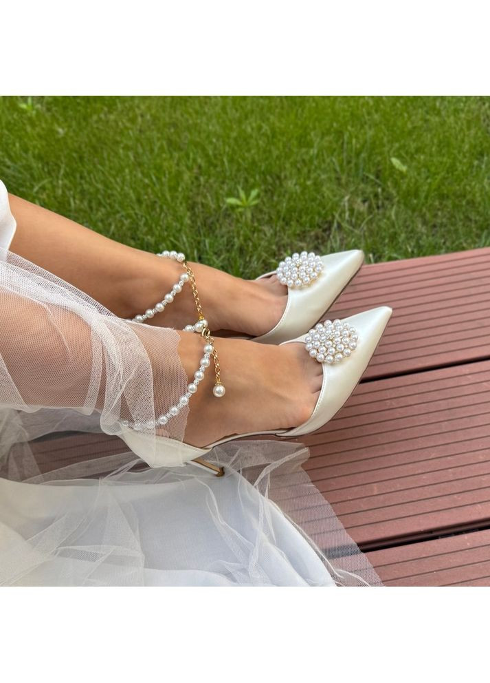 No Brand Женские туфли свадебные атласные и ремешком жемчуг и брошью 7,5 см. белый з текстиль, — (351394398)