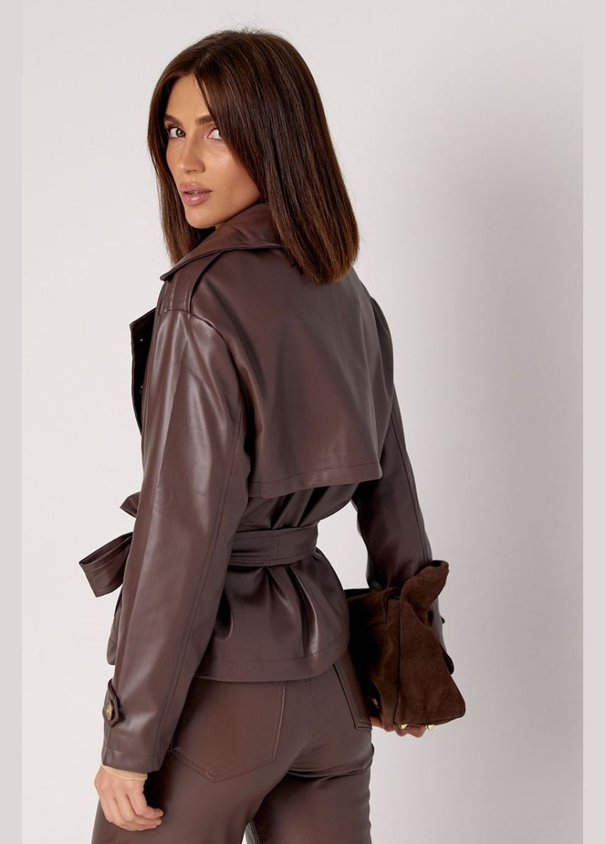 Коричнева демісезонна жіноча куртка з поясом з екошкіри 235053 Lurex