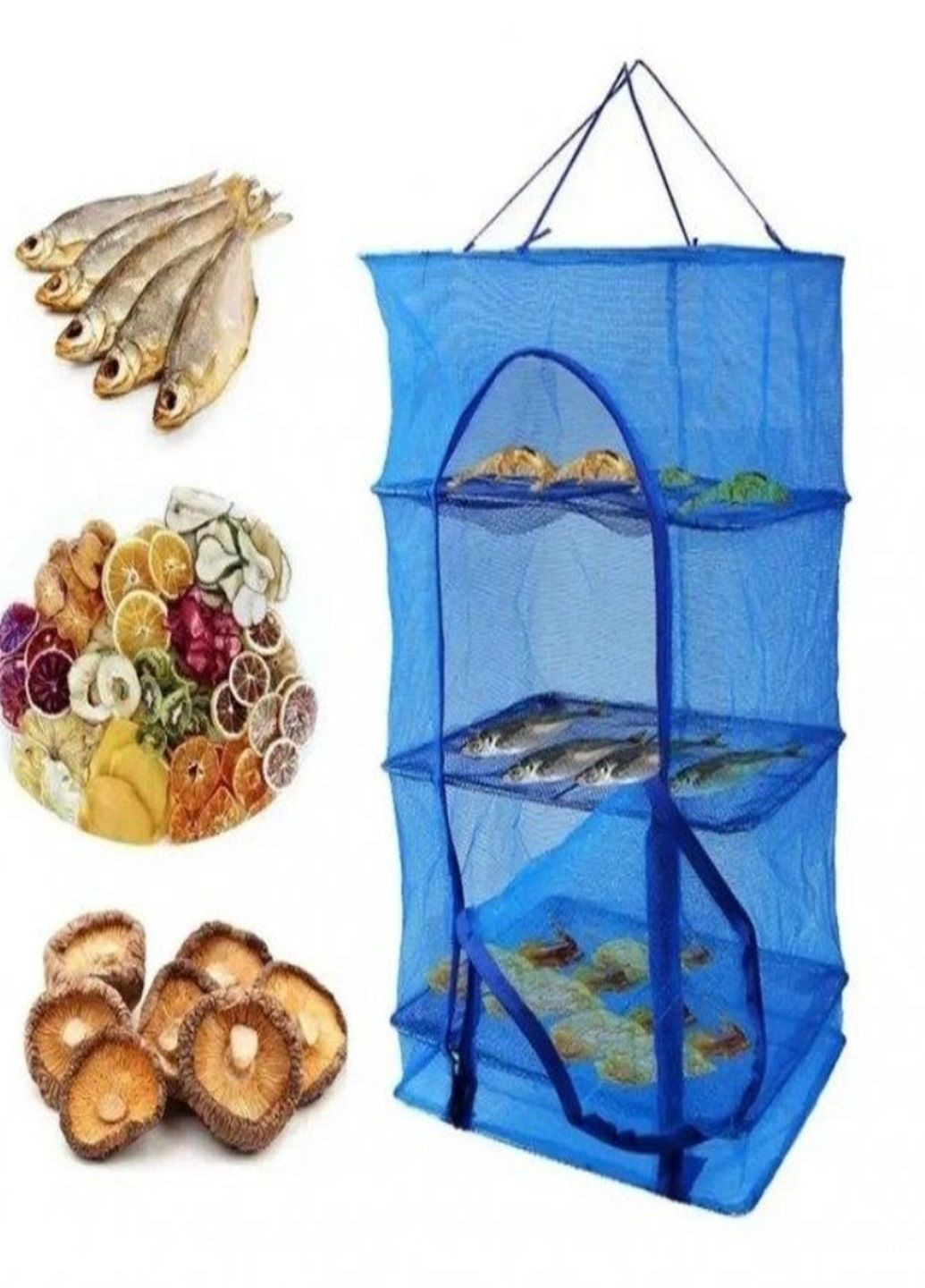 Сетка для сушки рыбы грибов фруктов 4 яруса с металлическим каркасом с замком 45Х45Х70 см Синяя No Brand (292323924)