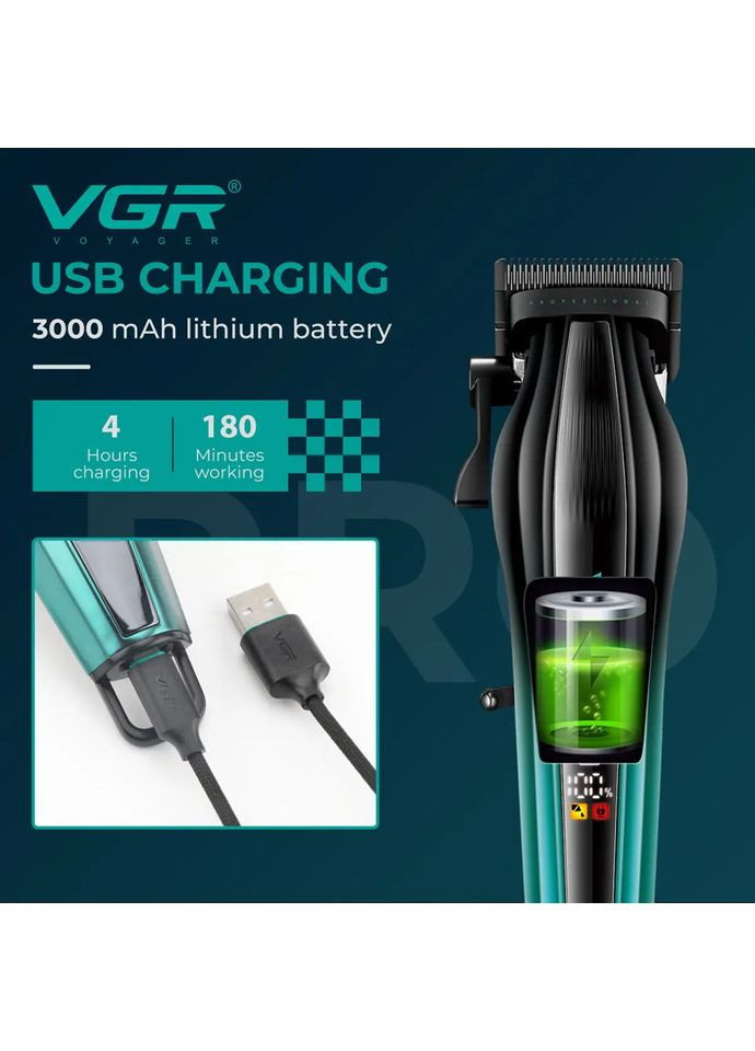 Аккумуляторная машинка для стрижки V-273 c 6 насадками и LED дисплей чорный з зеленым 10 Вт VGR (361309649)