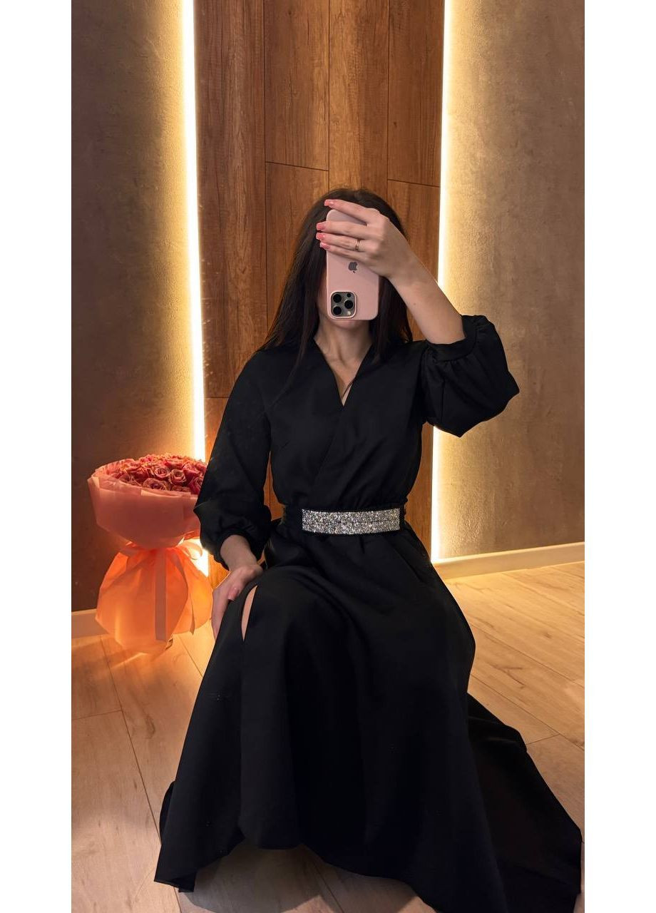 Чорна святковий, вечірня елегантна жіноча сукня з акцентом на талії No Brand однотонна