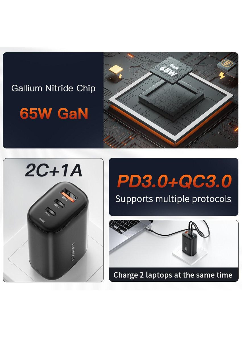 Мережевий зарядний пристрій Shining 65W GaN Travelling Charger 2 Type-c+USB-A EU black (ECT2CA-MYB01) Essager (355412637)