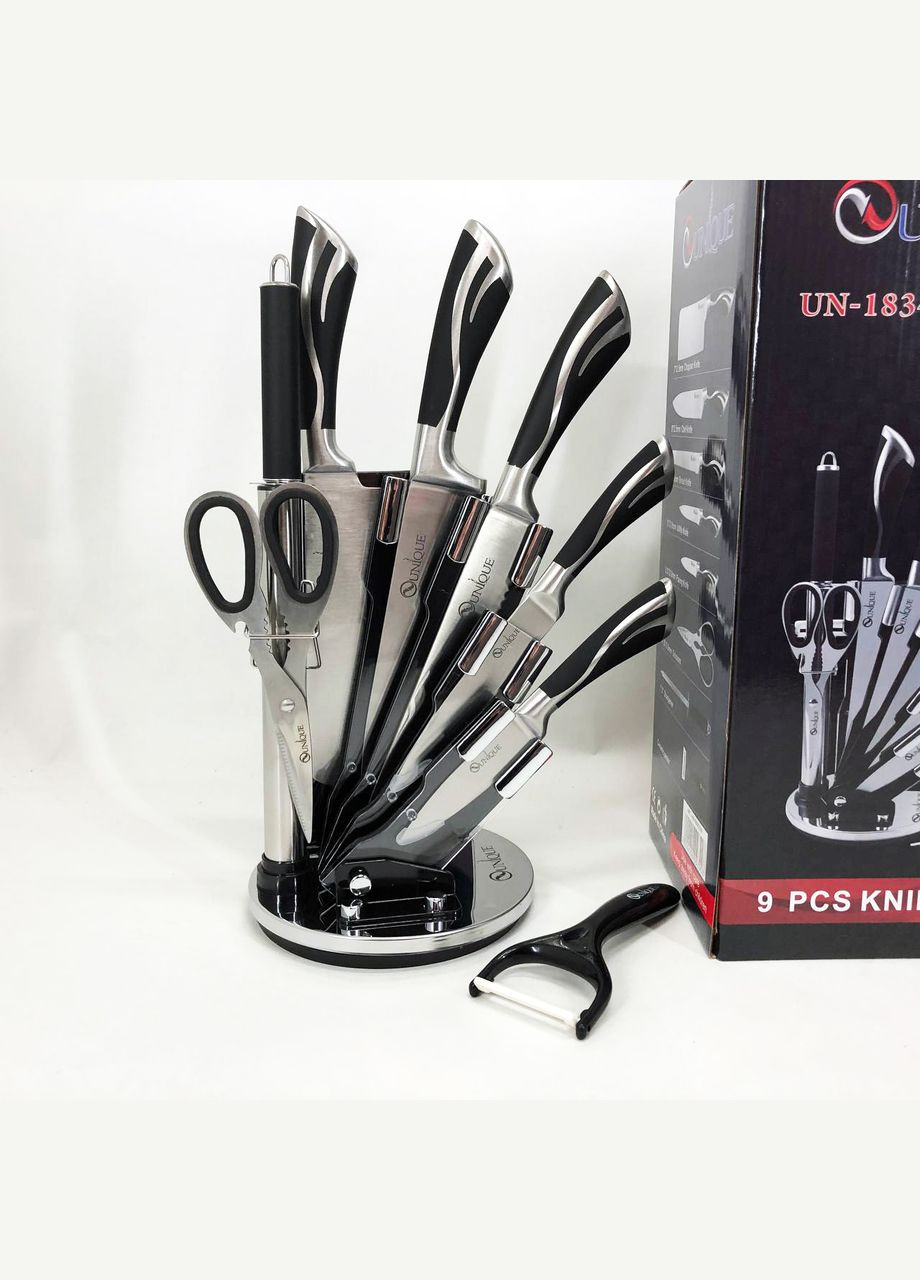 Набор ножей UN-1834 с вращающейся подставкой 9 предметов, Ножи кухонные из нержавеющей стали Unique (364663843)