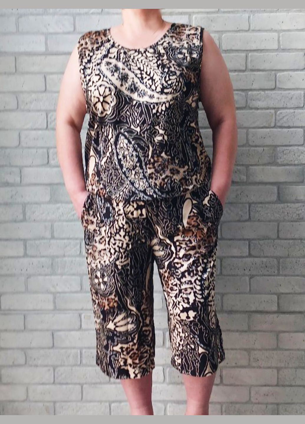 Женский набор костюм для лета большого размера батал, комплект леопардовый майка и удлиненные шорты с карманами No Brand (325473306)