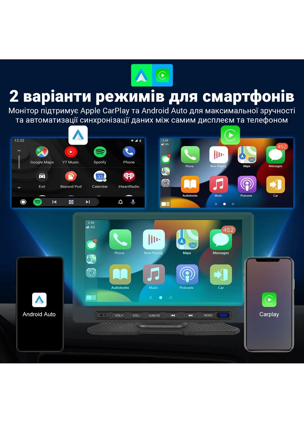 Автомобільний дисплей CarPlay A3458 7", сенсорний монітор з Apple CarPlay та Android Auto, Bluetooth, FM, підтримка камери Podofo (375460895)