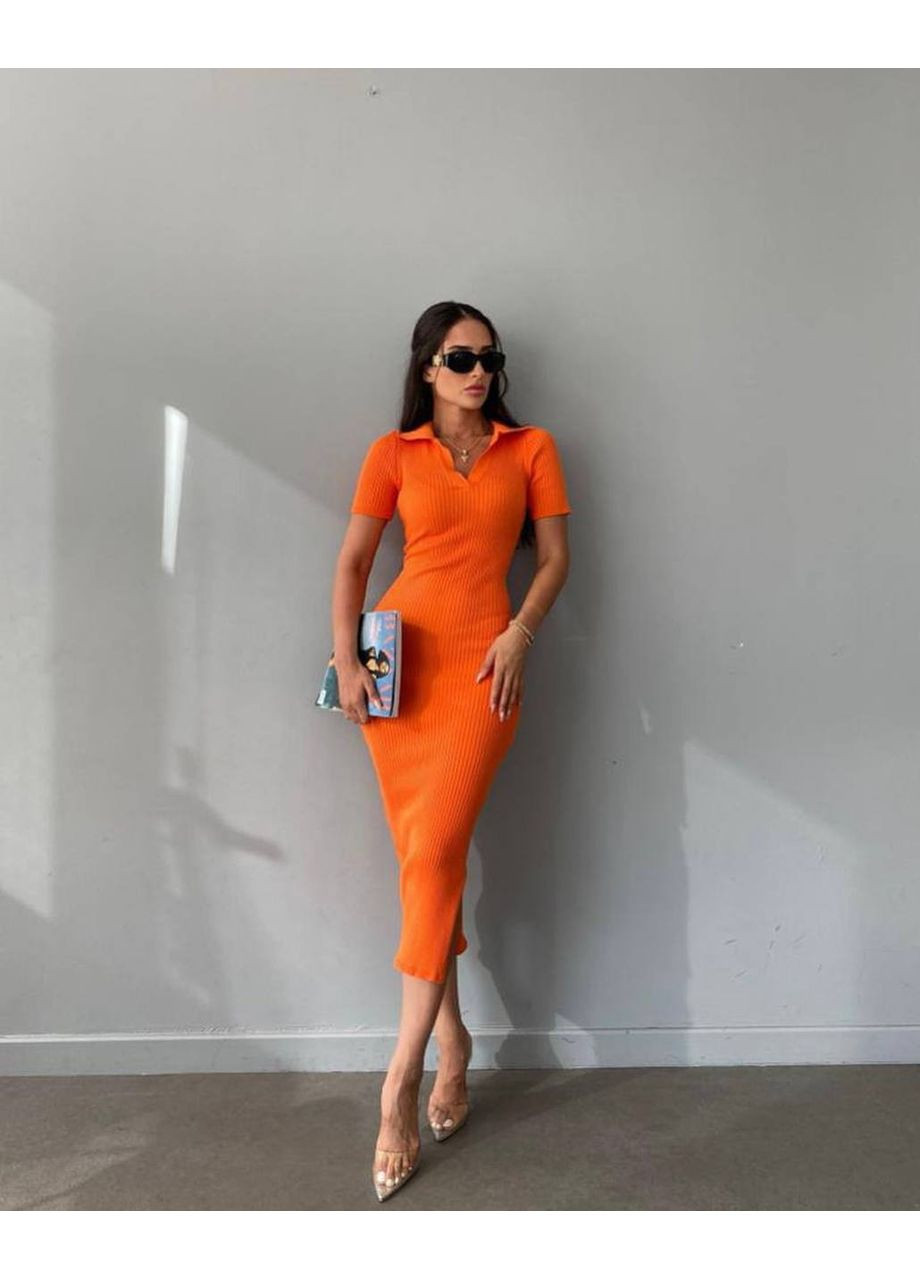 Помаранчева кежуал елегантна жіноча сукня з трикотажу в рубчик Україна однотонна