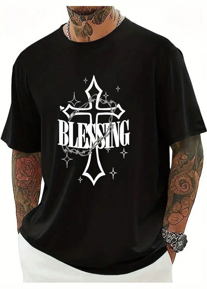 Комбінована чоловіча легка чорна оверсайз футболка з трендовим принтом No Brand