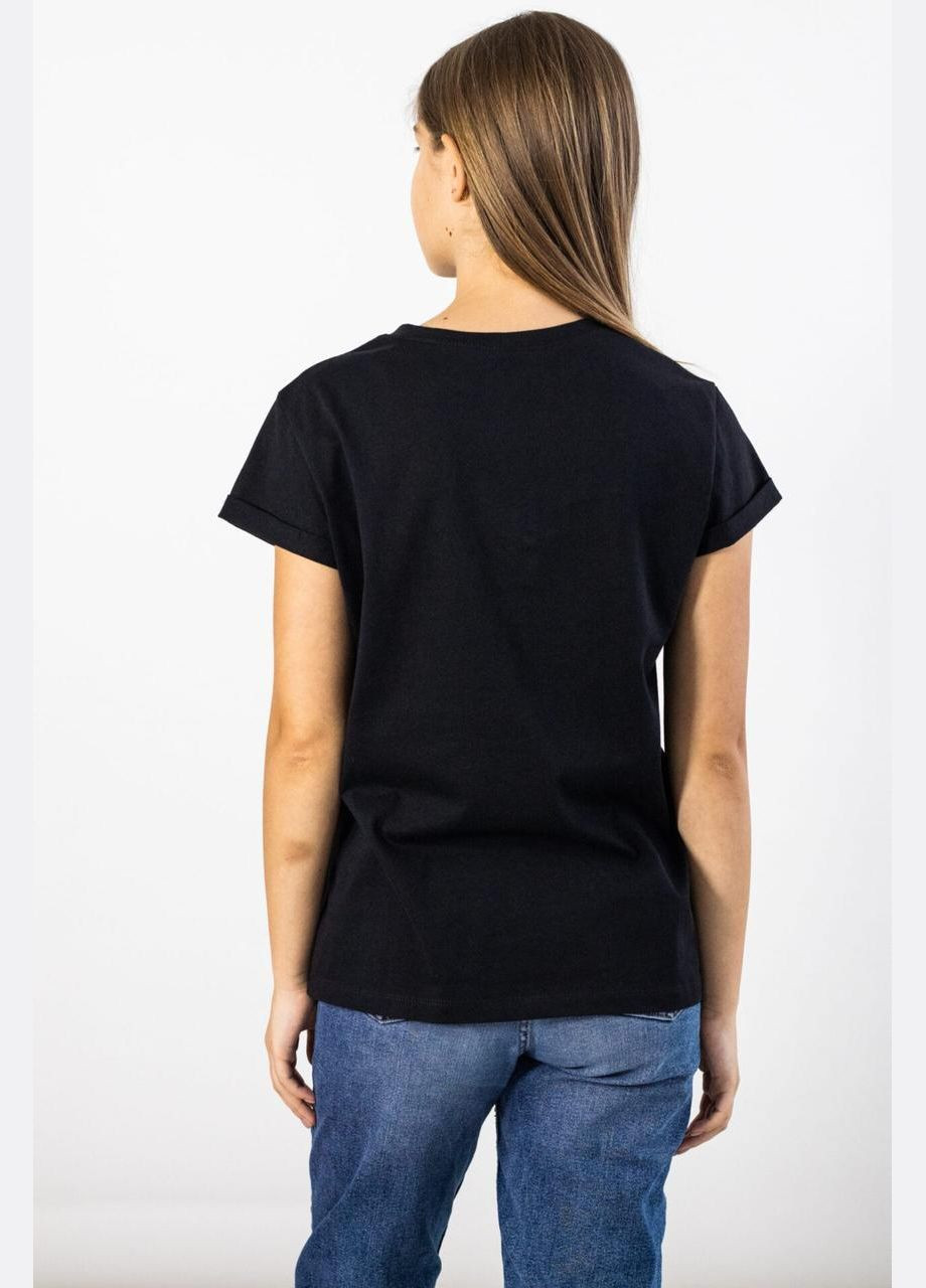 Комбинированная всесезон футболка женская базовая черная с вышивкой жираф mkмф70152-1 Modna KAZKA