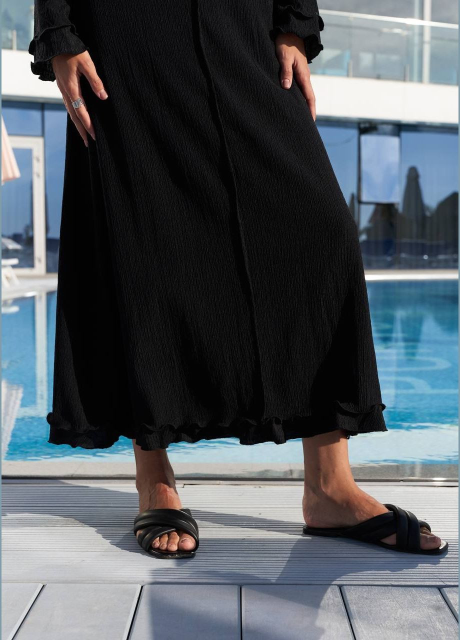 Черное длинное легкое летнее платье с длинными рукавами клеш, шнуровка на спинке ZF inspire