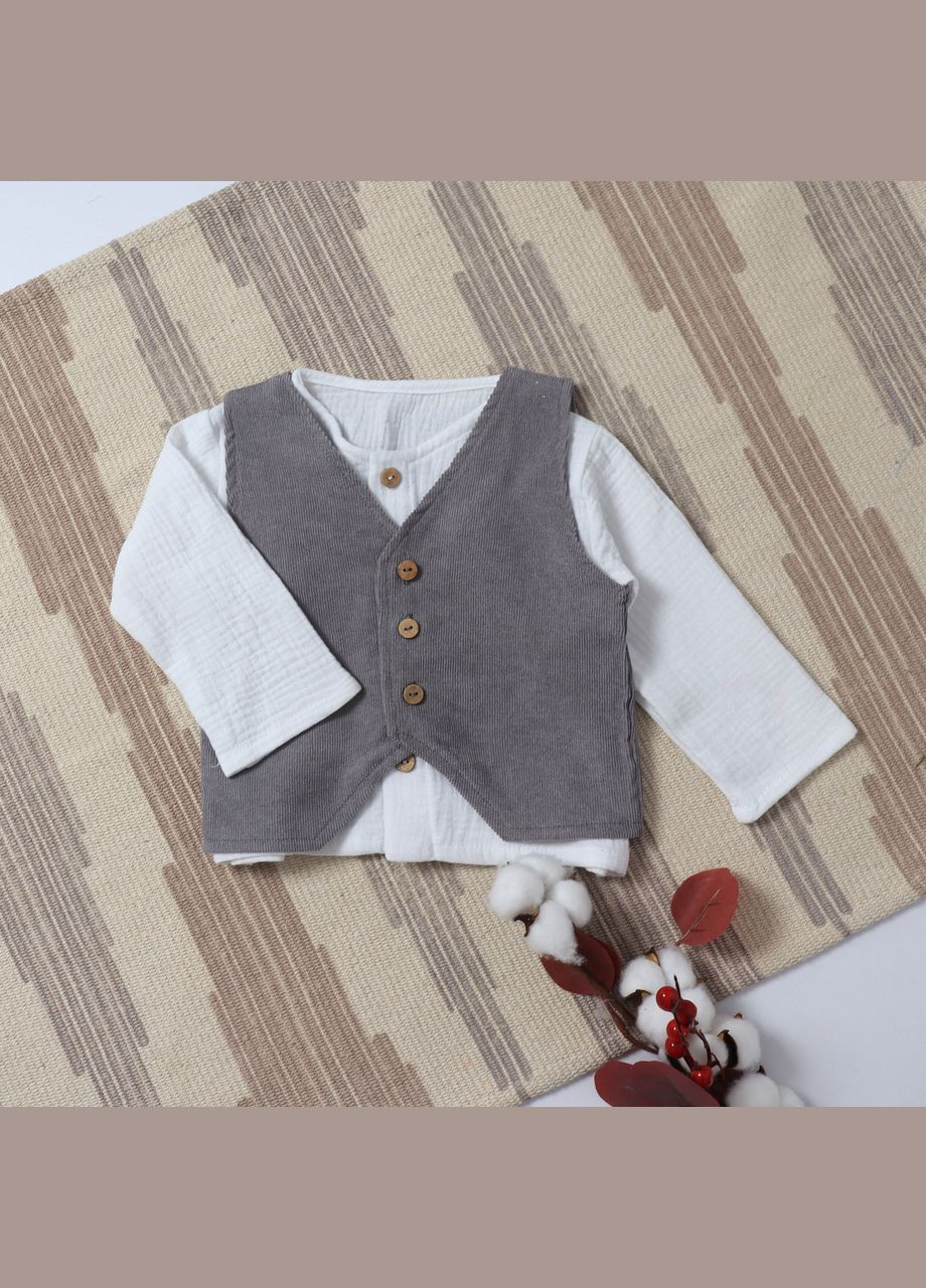 Белый летний детский муслиновий праздничный белий комплект(рубашка+серая жилетка) No Brand