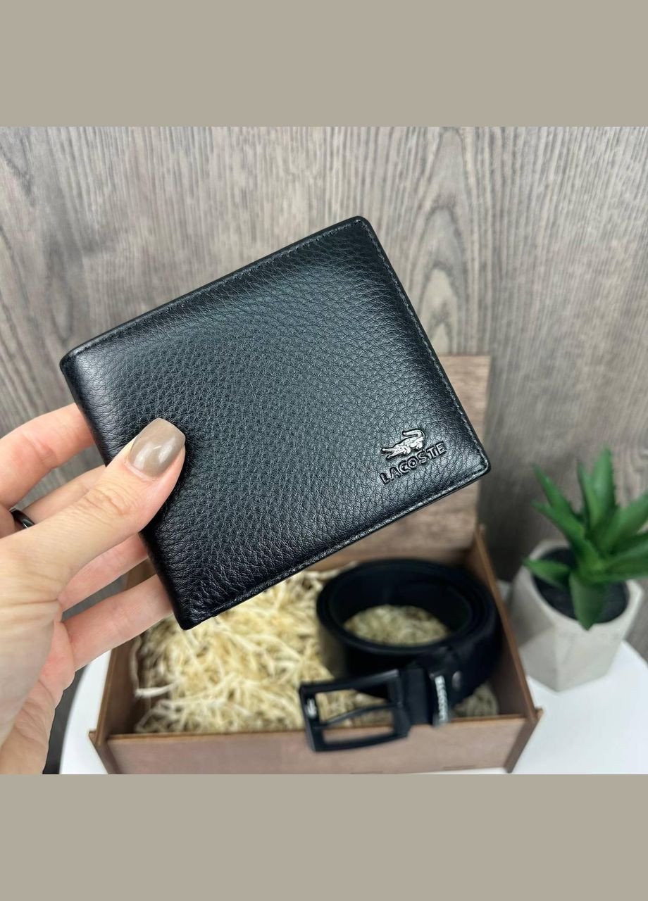 Чоловічий подарунковий набір шкіряний гаманець портмоне стиль Лакоста + поясний ремінь у коробці Lacoste No Brand (334729719)