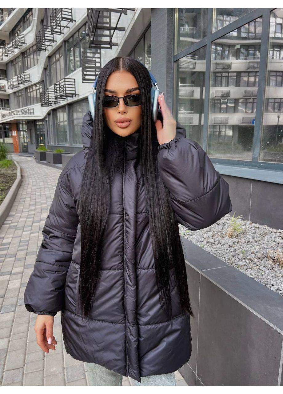 Чорна зимня куртка-пуфер зима,з поясом та капюшоном,низ та рукава на резинці,мікро пух 250 Україна
