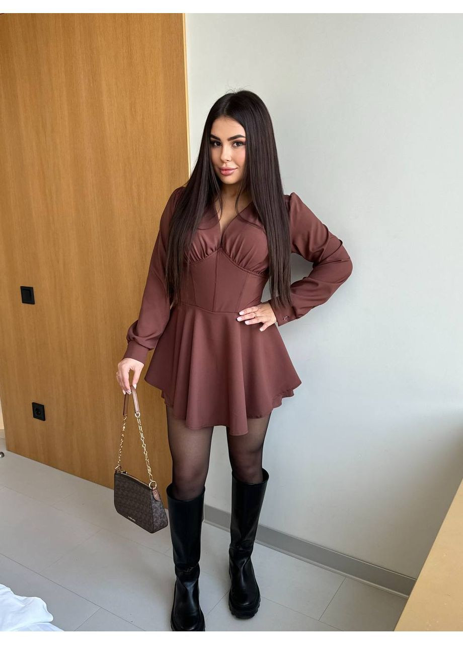 Коричневое коктейльное стильное платье-комбинезон с имитацией корсета No Brand