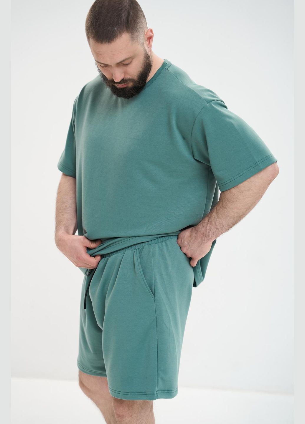 Бирюзовый летний мужской оверсайз костюм большого размера с шортами Vakko