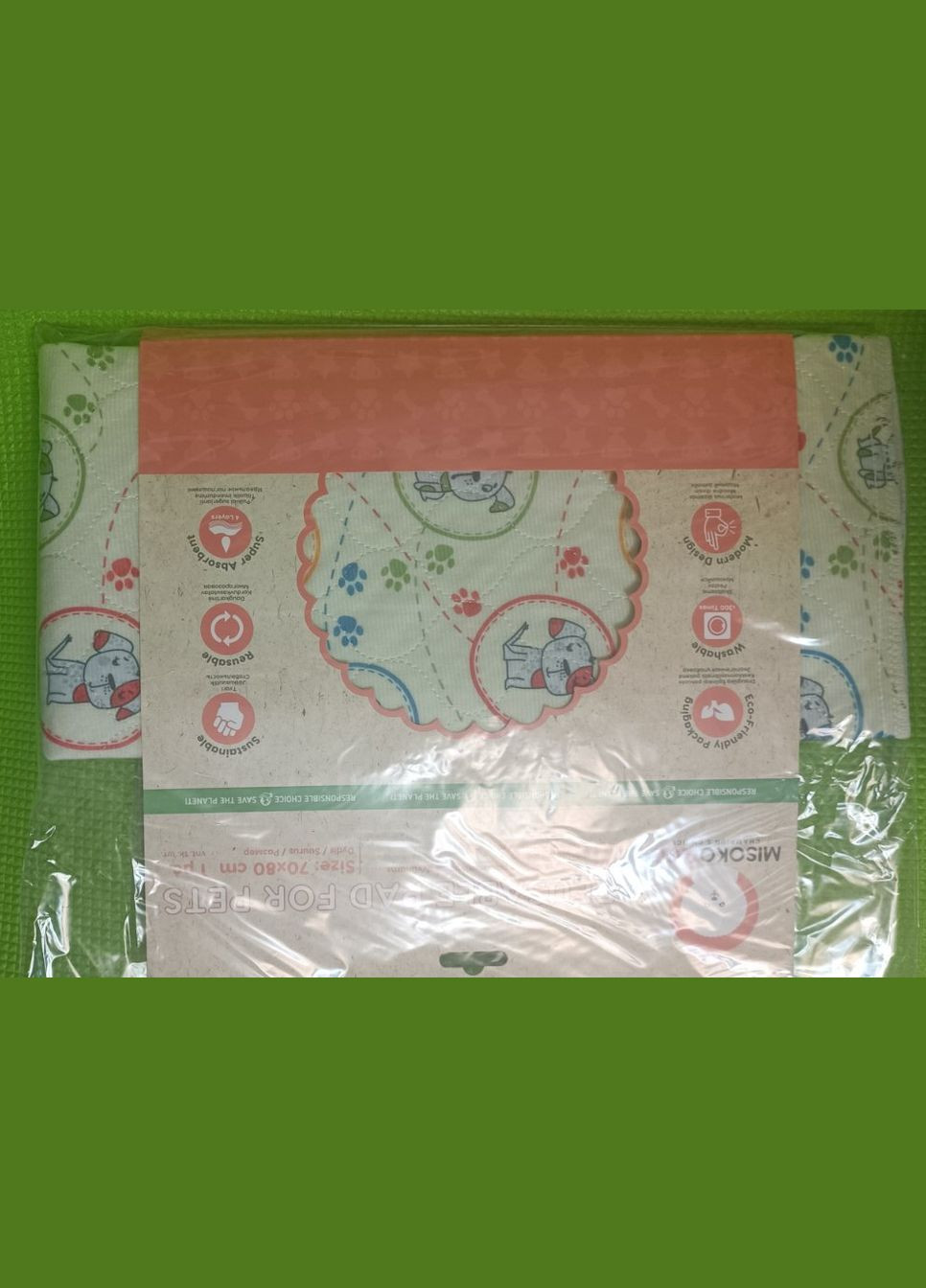 Пеленка гигиеническая многоразовая для собак Misoko&C 80х140 см (щенки зеленые разноцветные), 630233 Misoko&Co (278309550)