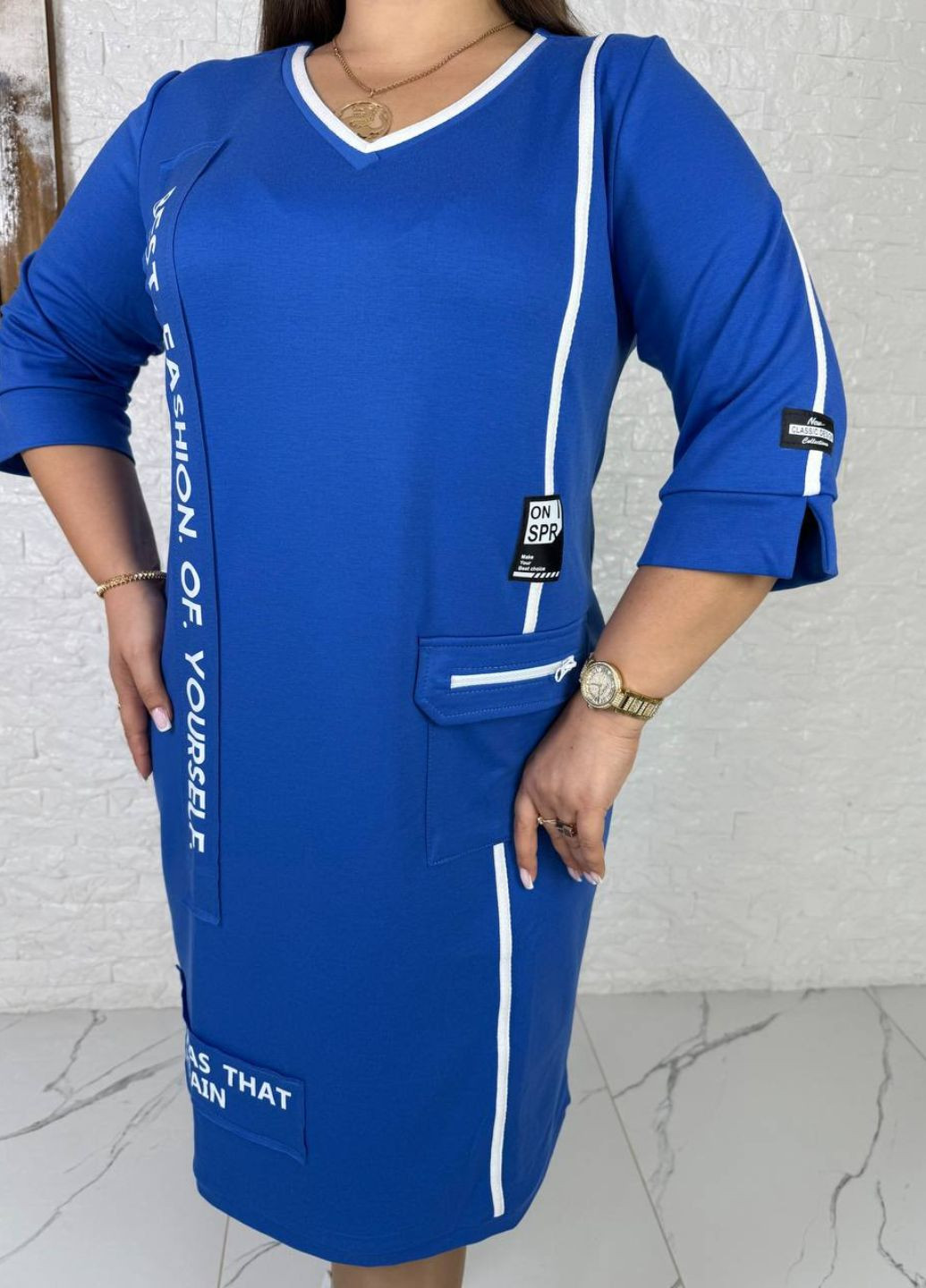 Синее повседневный изысканное повседневное меди платье с накатом и лампасами Tik-Tak с надписью