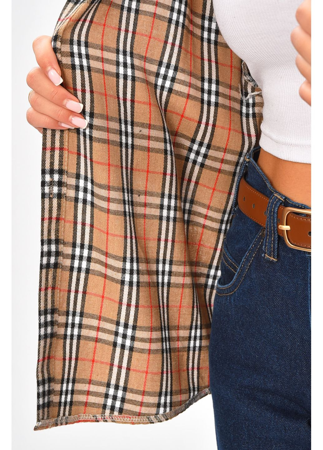 Світло-коричнева сорочка жіноча світло-коричневого кольору з принтом з баскою Let's Shop