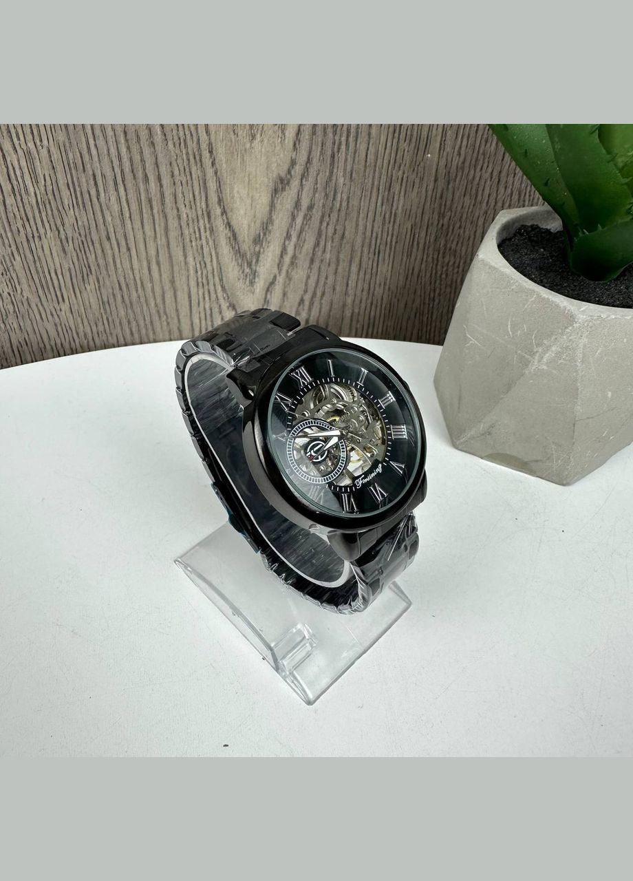 Чоловічий механічний наручний годинник з відкритим механізмом чорний з чорним Forsining (328267025)