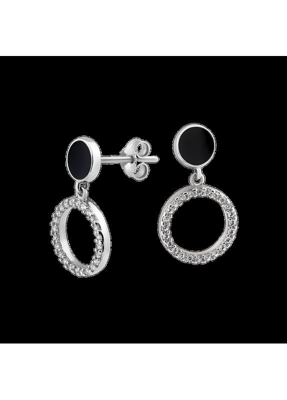Срібні сережки пусети День-Ніч з чорною емаллю та білими фіанітами Каштан (342335500)