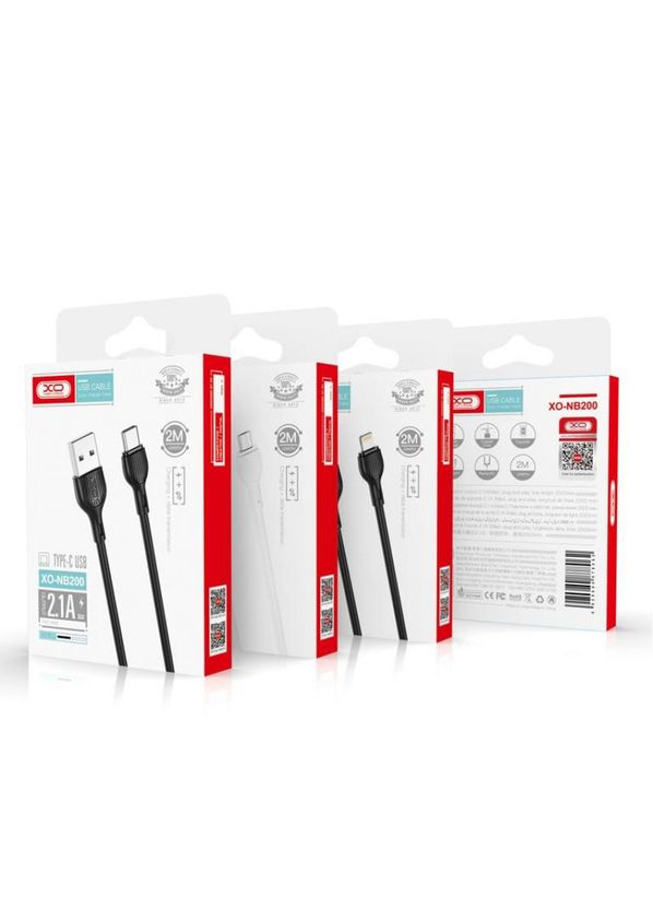 Кабель USB NB200 2.1A Quick Charge Type-C 2m прорезиненный black XO (322706530)