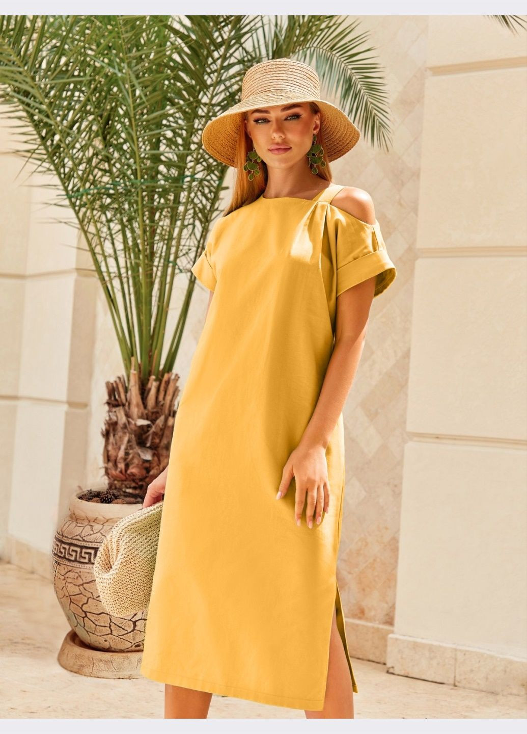 Желтое прямое платье из коттона с открытым плечом жёлтое Dressa