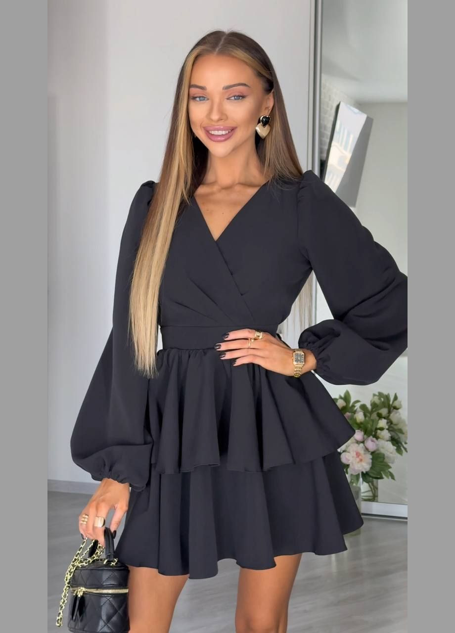 Черное праздничный, коктейльное, вечернее женское платье с воланами Avanti однотонное