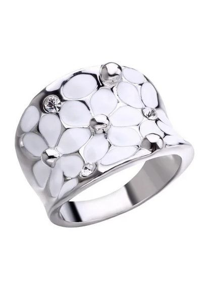 Серебристое женское широкое кольцо Белые Цветочки с камнями фианитами р 18 Fashion Jewelry (285110547)