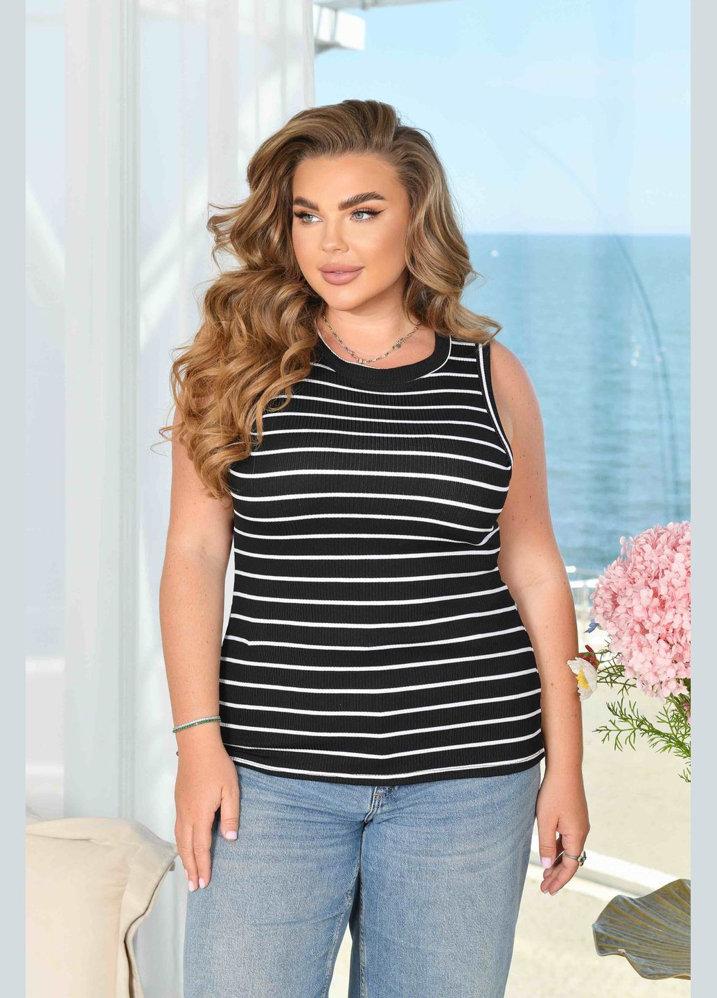 Женская трикотажная майка больших размеров черная в рубчик You Best — 333154914