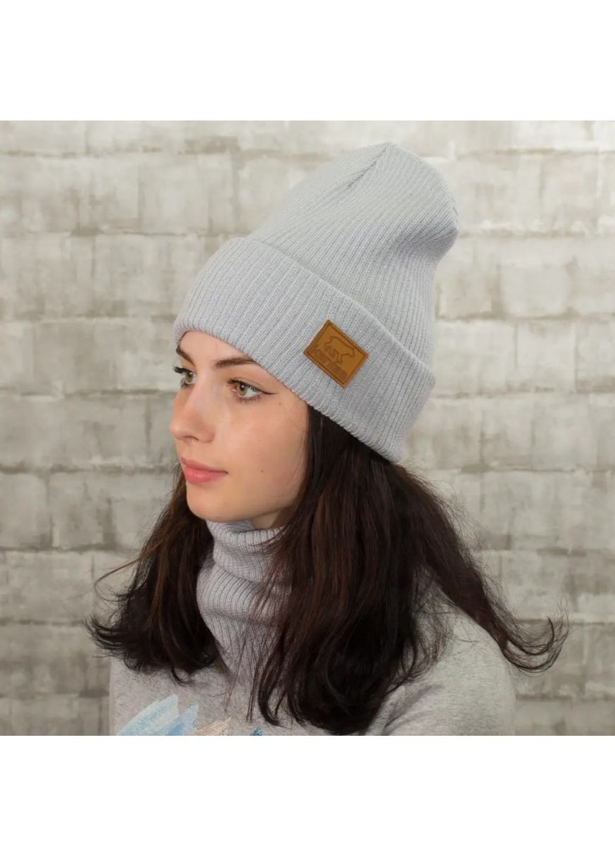 Зимняя женская шапка + бафф комплект светло-серая, трикотажная из акрила, теплая, эластичная, универсальный размер No Brand (363052215)