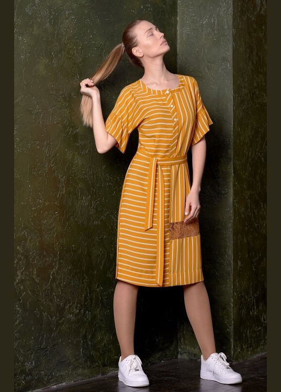 Комбінована плаття жіноче літнє жовтогаряче в смужку дизайнерське апельсин mkpr654 Modna KAZKA
