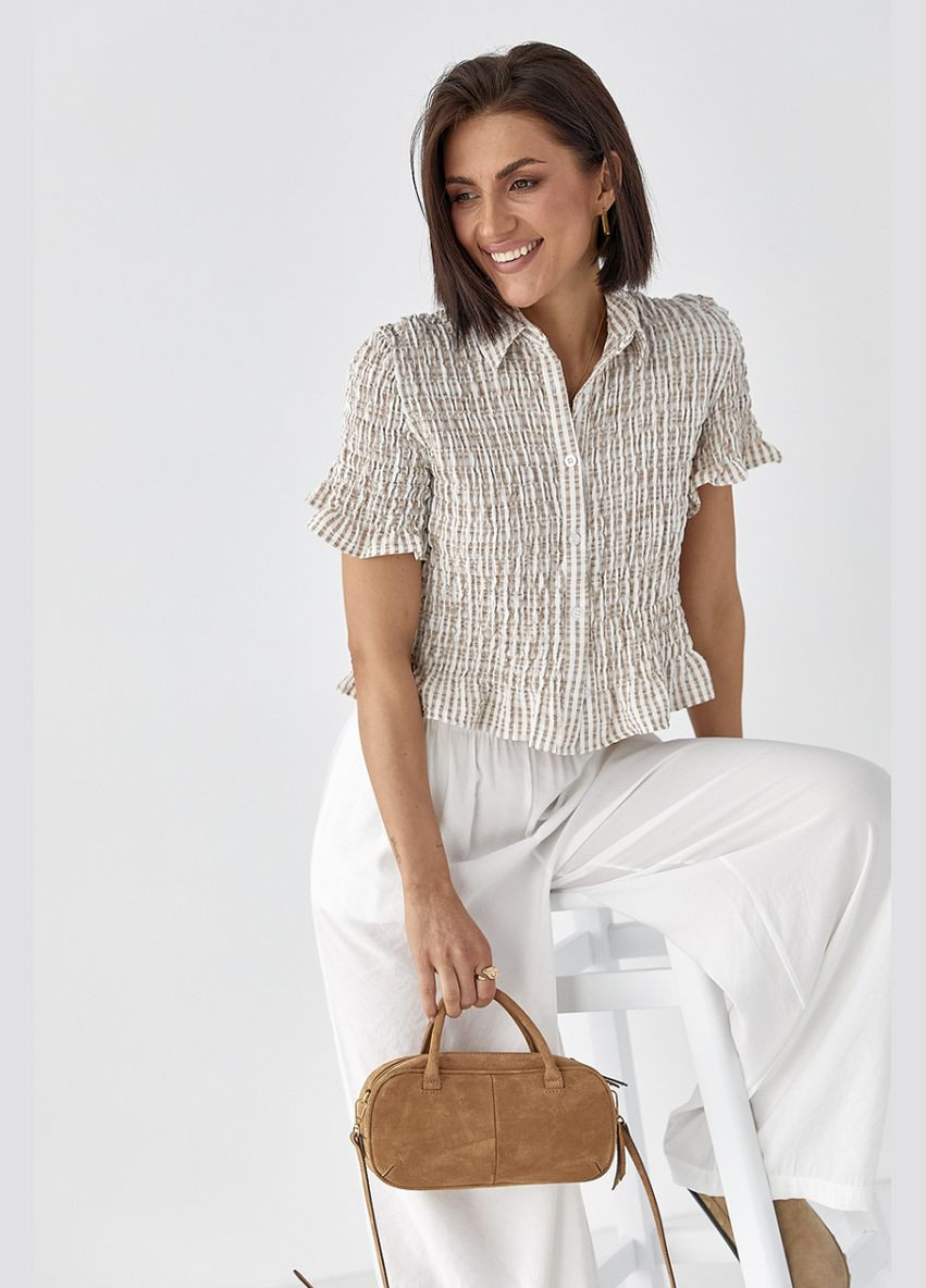 Кофейная полосатая блуза с эффектом жатки Lurex Блузка