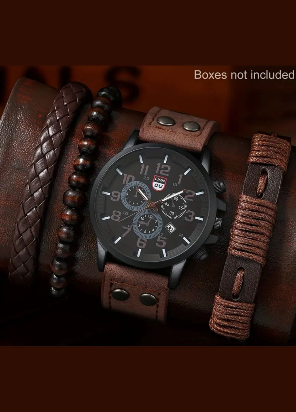 Чоловічий кварцовий годинник та 3 браслети (Без подарункової коробки), колір коричневий No Brand (337169256)