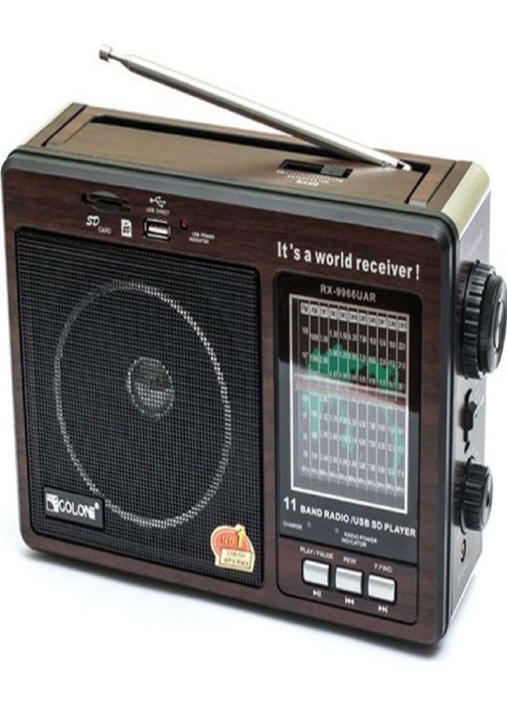 Радіоприймач акумуляторний RX 9966 з USB та SD Коричневий Golon (305412166)